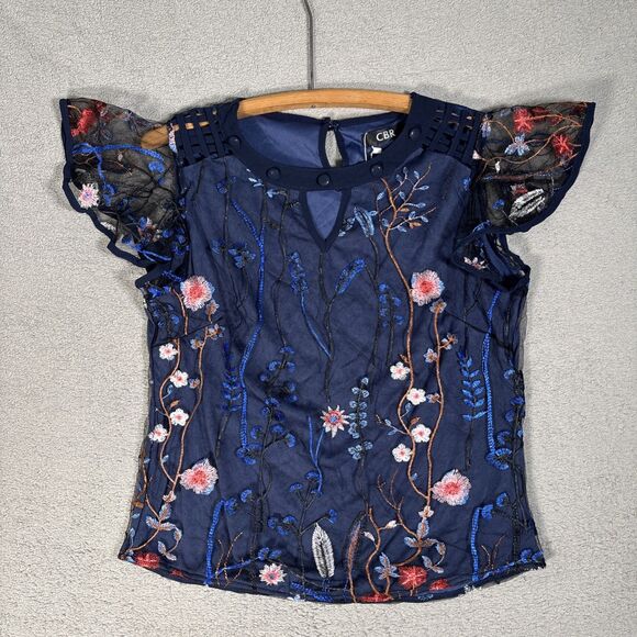 CBR Tops - NWT CBR Top Womens Size M Navy Blue Layered Mesh Embroidered Ditsy Forest Fairy